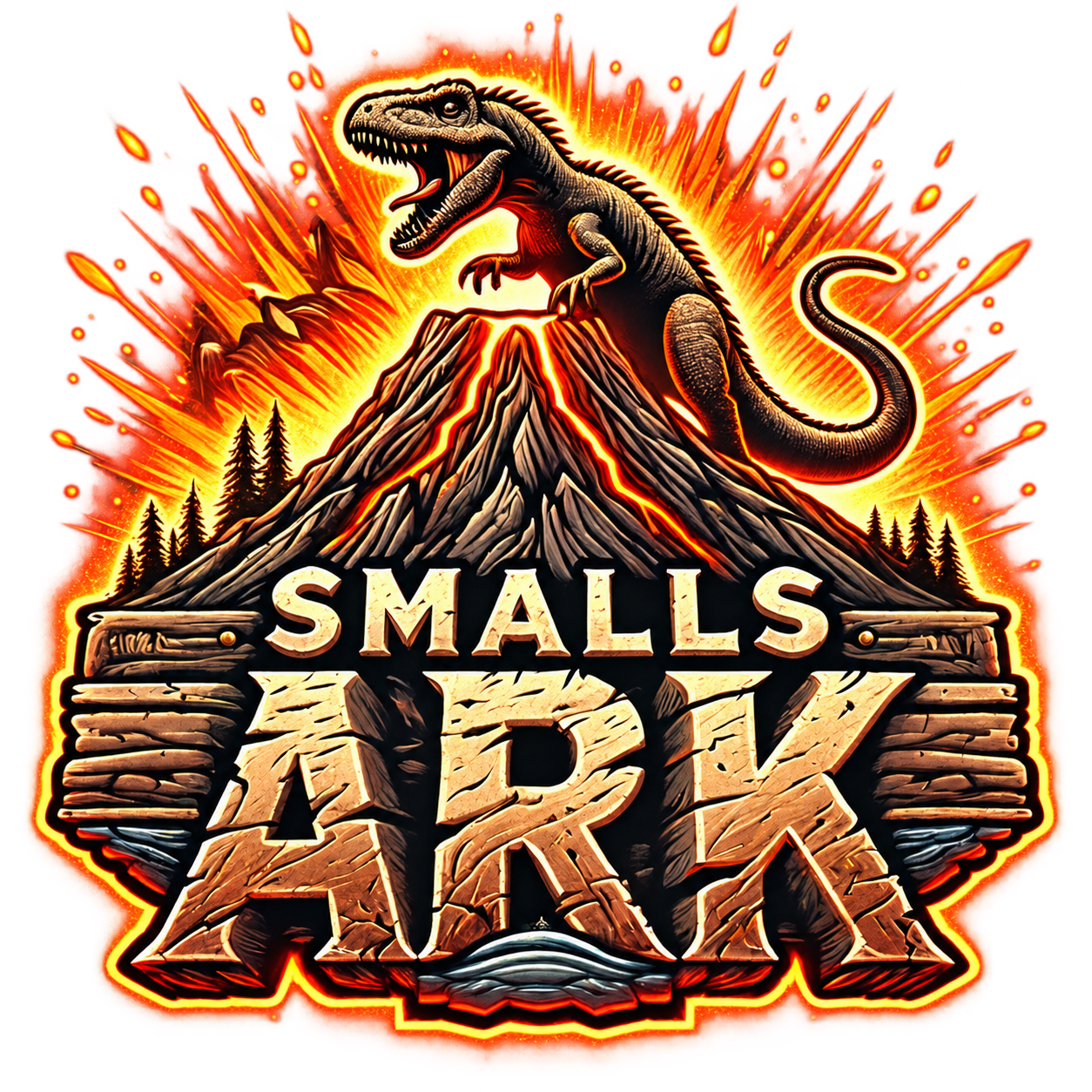 Smalls ARK: a dinosaur above an erupting volcano
